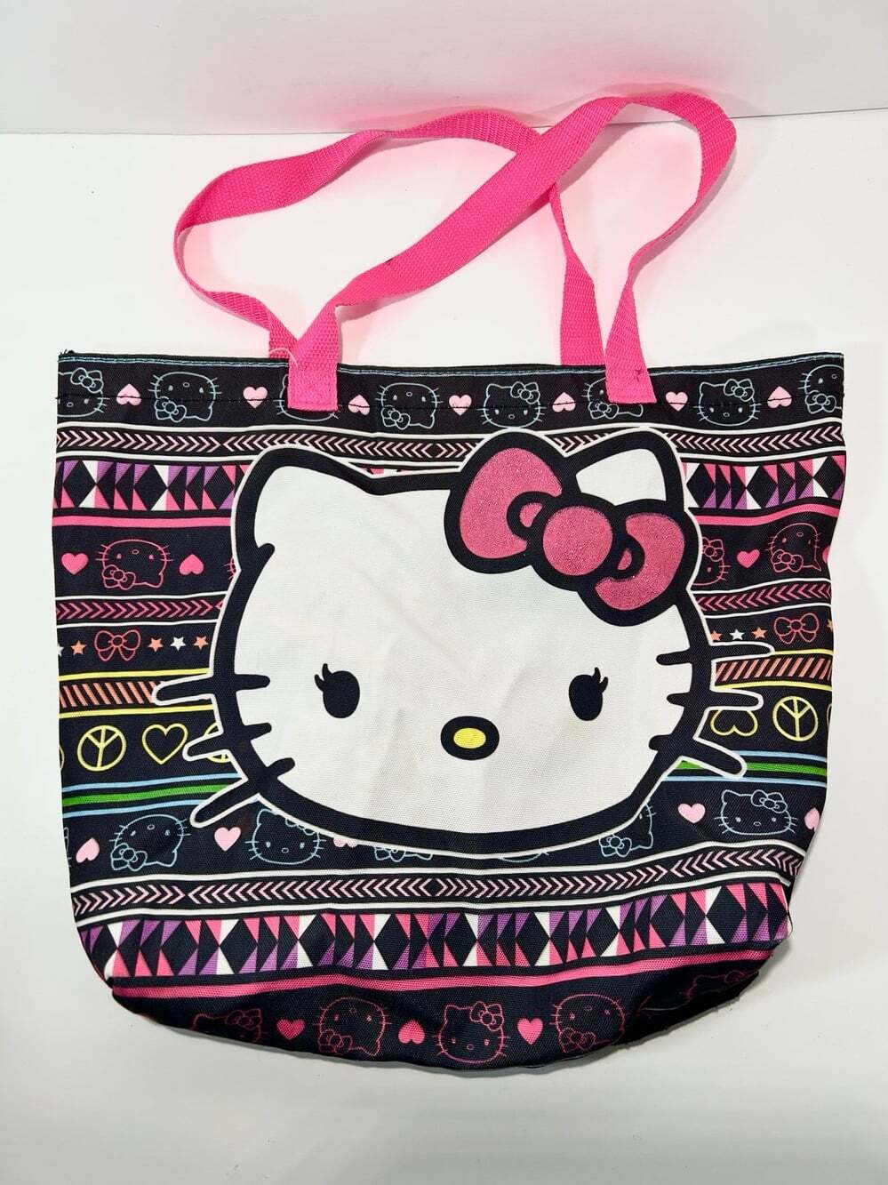 Hello Kitty Sanrio Tote book bag 2014 neon and black pink sparkle bow